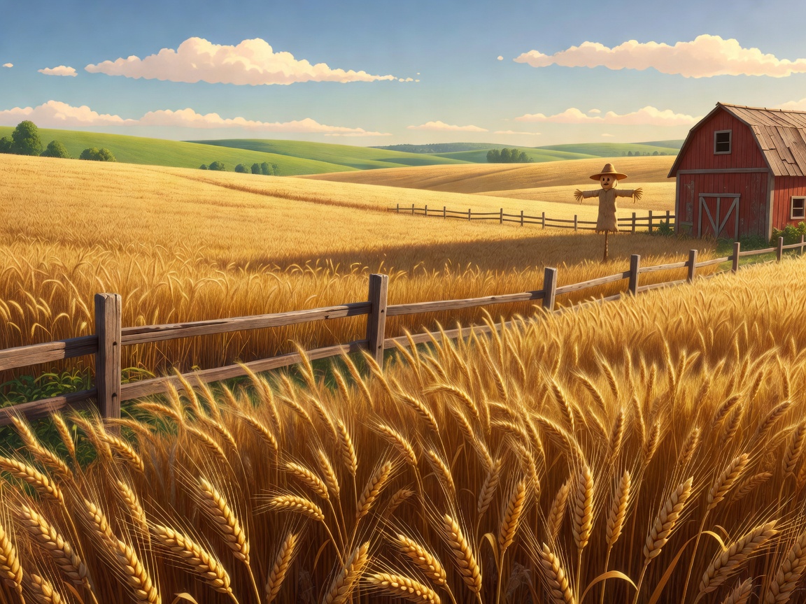 Auringon valaisema viljapelto Stardew Valleyn maatilaelämän kuvituksena