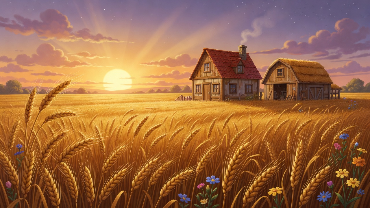 Kultainen viljapelto auringonlaskussa Stardew Valleyn maatilateeman kuvituksena