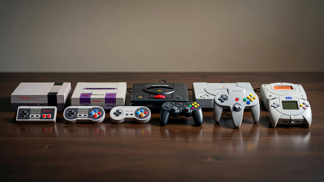 Retropelikonsoleita ja ohjaimia rivissä pelitaulukon kuvituksena