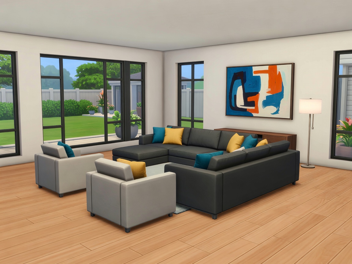 Tyylikäs olohuone sohvineen The Sims 4:n rakennustilan kuvituksena
